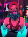  1girl artist_name bangs bare_shoulders breasts cleavage collarbone commentary cyberpunk emily_(koyorin) english_commentary glowing highres koyorin large_breasts long_hair looking_at_viewer mask midriff multicolored_eyes original parted_bangs upper_body 