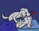  &lt;3 anthro bed bed_sheet bedding belly_rub boop canid canine canis dashraptor dogamy dogaressa domestic_dog duo eyes_closed female fur furniture happy love male male/female mammal nose_boop nude petting petting_head pompadour simple_background smile tail_motion tailwag undertale undertale_(series) video_games white_body white_fur 