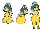  4:3 animal_crossing ankha_(animal_crossing) anthro apopop big_breasts big_butt breasts butt domestic_cat felid feline felis female front_view frown genitals hand_on_butt hands_behind_head hi_res huge_breasts kneeling mammal mostly_nude multiple_poses nintendo pasties pose pussy rear_view simple_background solo video_games 