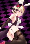  1girl animal_ears ass azur_lane black_garter_straps black_ribbon blonde_hair breasts brown_legwear checkered_floor detached_sleeves fake_animal_ears fake_tail feet_out_of_frame garter_straps gloves hair_ribbon highres lace-trimmed_legwear lace_trim looking_at_viewer lying medium_breasts medium_hair on_floor on_side playboy_bunny purple_eyes rabbit_tail red_footwear ribbon sideboob solo tail tako-san_wiener_(takosanuma) thighhighs white_gloves z23_(azur_lane) 