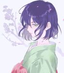  bangs bob_cut branch deer_(deer423-81) eyelashes flower from_side green_eyes green_kimono half-closed_eyes hashibira_inosuke highres japanese_clothes kimetsu_no_yaiba kimono lips looking_away male_focus obi otoko_no_ko petals purple_hair sash short_hair solo upper_body 