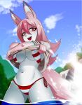  absurd_res anthro big_breasts bikini brand_new_animal breasts canid canine chacrawarrior cleavage clothed clothing clothing_lift female fox hi_res low-angle_view mammal nazuna_hiwatashi open_mouth open_smile partially_submerged shirt shirt_lift smile solo studio_trigger swimwear topwear undressing 