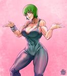 1girl abs blue_eyes bodysuit breasts clenched_teeth derivative_work foo_fighters green_hair highres jojo_no_kimyou_na_bouken large_breasts looking_at_viewer muscular muscular_female pink_background pose redrawn short_hair smile solo stone_ocean suspenders teeth the_golden_smurf 