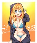  1girl :d alternate_costume alternate_hairstyle bikini bikini_under_clothes black_cloak blue_bikini blue_eyes blush breasts cleavage cloak groin hair_down hand_up happy highres hood kurozero leaning_forward long_hair looking_at_viewer medium_breasts midriff navel neptune_(series) open_cloak open_clothes orange_hair orange_heart power_symbol shin_jigen_game_neptune_vii smile solo swimsuit symbol-shaped_pupils very_long_hair 