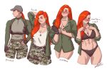  1girl abs baseball_cap black_bra black_gloves black_panties blush bra breast_pocket breasts camouflage camouflage_pants cleavage cowboy_shot cropped_legs curtain_call_challenge dated earrings english_text fingerless_gloves gloves green_shirt grey_headwear hat holstered_weapon jewelry large_breasts long_hair long_sleeves looking_at_viewer military military_uniform multiple_views musketsgoboom necklace original panties pants parted_lips pocket profile raglan_sleeves red_hair shirt shirt_tucked_in signature underwear uniform white_shirt yellow_eyes 