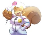  2022 anthro aquarium biceps big_breasts big_muscles big_tail bodysuit breasts brown_body brown_fur buckteeth clothing diving_suit eyes_closed female fist flexing flower fluffy fluffy_tail fur gloves handwear huge_tail mammal muscular muscular_anthro muscular_female nickelodeon plant razzberryboat rodent round_ears sandy_cheeks sciurid simple_background skinsuit smile solo spongebob_squarepants teeth thick_thighs tight_clothing vivarium white_background wide_hips zipper 