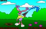  1996 anthro babs_bunny bottomwear clothing female fur lagomorph leporid low_res mammal nature nature_background outside pink_body pink_fur rabbit sean_e._andersen skirt solo tiny_toon_adventures toy toy_gun warner_brothers water water_gun 