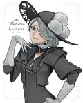  1girl black_choker black_dress black_headwear choker closed_mouth cogita_(pokemon) commentary_request dress echizen_(n_fns17) gloves grey_eyes grey_gloves grey_hair hair_over_one_eye hand_on_hip hand_up hat hat_ornament pokemon pokemon_(game) pokemon_legends:_arceus simple_background smile solo upper_body white_background 