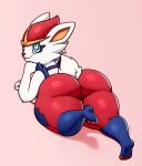  anthro big_butt blue_eyes breasts butt cinderace female hi_res huge_thighs kkoart looking_at_viewer looking_back lying multicolored_body nintendo nude on_front pok&eacute;mon pok&eacute;mon_(species) smile solo thick_thighs video_games 