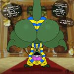  animated anthro big_butt breathotter butt clothing egyptian egyptian_clothing green_body hypnosis lizard mind_control reptile scalie shaking_butt upside_down 