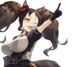  1girl :d animal_ears big_hair black_gloves breasts brown_hair fang flower gloves hair_flower hair_ornament highres horse_ears horse_girl horse_tail large_breasts long_hair marvelous_sunday_(umamusume) mori_yashiro_(konkon_oyashiro) one_eye_closed oppai_loli pointing simple_background smile solo tail twintails umamusume upper_body white_background yellow_eyes 