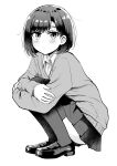  1girl bangs betock blush closed_mouth collared_shirt commentary_request full_body greyscale highres loafers long_sleeves looking_at_viewer monochrome original pleated_skirt school_uniform shirt shoes short_hair simple_background skirt solo squatting sweater thighhighs white_background 