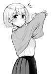  1girl bangs betock blush commentary_request eyebrows_visible_through_hair from_side greyscale highres long_sleeves looking_at_viewer monochrome notice_lines original parted_lips pleated_skirt school_uniform shirt shirt_tucked_in short_hair simple_background skirt solo sweater undressing upper_body white_background 