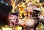  2girls amy_chrysanthemum bangs beret blonde_hair blue_eyes bow breasts coat commentary_request fur_trim god_eater god_eater_3 hair_bow hat headphones highres hilda_henriquez large_breasts lips long_hair looking_at_viewer monocle multiple_girls open_mouth parted_bangs pink_hair shiny shiny_hair simple_background smile tarutaru_yamaoka tied_hair upper_body 