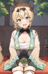  1girl absurdres aqua_eyes blonde_hair blush breasts chest_sarashi cleavage collarbone covered_navel cowboy_shot drink fingerless_gloves gloves green_tea hairband head_tilt highres hololive kazama_iroha large_breasts looking_at_viewer midriff_sarashi open_mouth samurai sarashi sitting smile solo tea thighhighs thighs wanimaru wide_sleeves zettai_ryouiki 