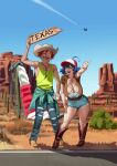  1boy 1girl absurdres ahoge aircraft airplane blue_hair blue_shorts boots breasts brown_footwear bush cactus cleavage cleavage_cutout clothing_cutout day desert enta_(nia) hand_on_leg hat highres hitchhiking holding holding_sign huge_breasts medium_hair nia_(nia4294) one_eye_closed open_mouth original outdoors red_hair road shadow short_hair shorts sign smile tank_top yellow_tank_top 