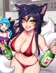  2girls ahri_(league_of_legends) alternate_costume animal_ears bangs bare_shoulders bikini black_bow black_choker black_hair black_shorts blushy-pixy bottle bow breasts bush choker cleavage collarbone commentary drill_hair facial_mark fox_ears fox_tail grin gwen_(league_of_legends) hair_bow highres holding holding_bottle large_breasts league_of_legends long_hair looking_at_viewer multiple_girls multiple_tails navel red_bikini shiny shiny_hair shorts skindentation smile solo_focus stomach swimsuit tail teeth twin_drills twintails vastaya whisker_markings 