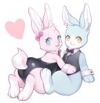  &lt;3 accessory amber_eyes anthro black_tie_(suit) blue_body blue_eyes blue_fur bottomless bow_tie clothed clothing cuffs_(clothing) duo erumeruta female fur hair_accessory hair_bow hair_ribbon hi_res inner_ear_fluff lagomorph leotard leporid looking_at_viewer male mammal pink_body pink_fur rabbit ribbons semi-anthro simple_background suit tuft white_background white_body white_fur 