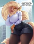  anthro arcanine bedroom_eyes big_breasts blonde_hair bottomwear breasts clothed clothing curvy_figure ear_piercing english_text female hair hi_res huge_breasts looking_at_viewer mleonheart narrowed_eyes nintendo piercing pok&eacute;mon pok&eacute;mon_(species) seductive skirt solo text thick_thighs video_games voluptuous 