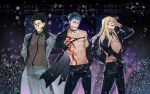  3boys :d abs absurdres bangs bk_(aaide114) black_gloves black_hair black_jacket black_pants blonde_hair blue_hair bracelet chest_tattoo collared_shirt cu_chulainn_(fate) cu_chulainn_(fate/stay_night) diarmuid_ua_duibhne_(lancer)_(fate) earrings eyebrows_visible_through_hair fate/grand_order fate_(series) feet_out_of_frame fingerless_gloves fionn_mac_cumhaill_(fate/grand_order) gloves green_eyes hair_between_eyes hand_on_hip hand_on_own_chest headset highres idol jacket jewelry korean_commentary light_particles light_smile long_hair long_sleeves looking_at_viewer male_focus microphone mole mole_under_eye multiple_boys music nipples no_shirt open_mouth pants ponytail red_eyes see-through_shirt shirt short_hair singing smile tattoo teeth toned toned_male very_long_hair yellow_eyes 