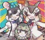  3girls ;d absurdres animal_ears arm_at_side arm_up bangs behind_another black_hair bow bowtie brown_eyes brown_hair chinchilla_(kemono_friends) chipmunk_(kemono_friends) closed_mouth collared_shirt degu_(kemono_friends) extra_ears eyebrows_visible_through_hair fur_collar green_hair highres holding kanmoku-san kemono_friends long_hair looking_at_viewer medium_hair multicolored_hair multiple_girls one_eye_closed open_mouth parted_bangs shirt shorts sidelocks smile suspenders tail vest white_hair 