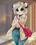  anthro bag baggy_clothing black_body charmerpie clothed clothing female green_eyes hair hi_res mammal phone phone_call phone_drawing ridiculous_file_size solo ursid white_body white_hair 