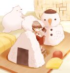  1girl apron basket bear carrot chai_(drawingchisanne) closed_mouth commentary eyebrows_visible_through_hair food food_focus green_eyes onigiri original pineapple_slice polar_bear red_apron rolling short_hair signature sleeves_rolled_up smile snowman solo standing tomato wooden_stool 