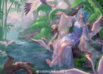  1girl a_jiu_jintian_zao_shuile_ma absurdres animal bare_legs bird blue_hair crane_(animal) douluo_dalu dress feet hair_ornament highres lake long_hair plant rock splashing tang_wutong_(douluo_dalu) water weibo_id white_dress 