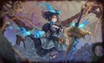  1girl alice_(sinoalice) asukayou belt blue_fire blue_hair breasts building chain cleavage collar dress dress_shirt fire gears gem highres looking_at_viewer monster_girl outdoors red_eyes roman_numeral shirt short_hair sinoalice skirt slime_girl smoke socks solo sword thighhighs weapon 