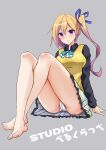  1girl bare_legs barefoot blonde_hair breasts commentary_request feet grey_background highres kawakami_mai long_hair medium_breasts miokikoeru mole mole_under_eye musaigen_no_phantom_world panties pantyshot purple_eyes side_ponytail simple_background sitting skirt solo toes underwear white_panties 