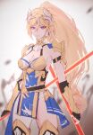  1girl ababababaaa armor bangs bare_shoulders bianka_durandal_ataegina bianka_durandal_ataegina_(dea_anchora) blonde_hair blue_eyes breasts circlet cleavage closed_mouth dual_wielding earrings fingerless_gloves gauntlets gloves highres holding holding_polearm holding_weapon honkai_(series) honkai_impact_3rd jewelry long_hair looking_at_viewer polearm ponytail sketch solo spear unfinished weapon white_background 