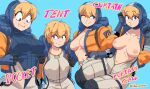  1girl absurdres apex_legends blonde_hair blue_background blue_eyes breasts breasts_apart covered_nipples curtain_call_challenge english_text eyebrows_visible_through_hair highres inker_comics medium_breasts multiple_views nipples one_eye_closed open_clothes short_hair simple_background smile wattson_(apex_legends) 