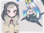  2girls :d absurdres alpine_marmot_(kemono_friends) animal_ears bangs black_hair blonde_hair bow bowtie collared_shirt common_dolphin_(kemono_friends) dorsal_fin expressionless green_eyes grey_eyes grey_hair hair_between_eyes head_fins highres impossible_hair kanmoku-san kemono_friends long_hair long_sleeves looking_at_viewer medium_hair multicolored_hair multiple_girls neck_ribbon ribbon sailor_collar shirt sleeveless smile sweater tail upside-down white_hair wing_collar 