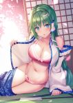  1girl arm_support bangs bare_shoulders blue_skirt blush bow bow_panties bra breasts cleavage clothes_pull collarbone eyebrows_visible_through_hair frog_hair_ornament green_hair hair_ornament hair_tubes highres indoors kochiya_sanae large_breasts liya long_hair long_sleeves looking_at_viewer navel open_clothes panties parted_lips pink_bra pink_panties shirt sitting skirt skirt_pull snake_hair_ornament solo stomach tatami thighs touhou underwear white_shirt 