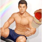  1boy abs bara biceps bottle brown_eyes brown_hair itto_(mentaiko) large_pectorals long_sideburns looking_at_viewer male_focus muscular muscular_male navel nipples original pectorals rainbow shorts sideburns sitting smile spread_legs sweat sweatdrop thick_eyebrows thick_thighs thighs topless topless_male yaoi 