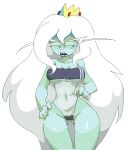  1girl adventure_time big_hair blue_eyes blue_skin breasts breasts_apart casual_one-piece_swimsuit colored_skin covered_navel crown double_vertical_stripe genderswap genderswap_(mtf) gris_swimsuit hand_on_hip highleg highleg_swimsuit highres ice_queen_(adventure_time) long_hair meme meme_attire narrow_waist neamosub one-piece_swimsuit open_mouth see-through_swimsuit sharp_teeth simple_background solo strapless strapless_swimsuit swimsuit teeth very_long_hair white_background white_hair 