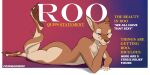  2:1 anthro big_butt big_ears big_tail brown_body brown_feet brown_fur butt claws cover dialogue english_text fangs feet fluffy foxinuhhbox fur gloves_(marking) hair hi_res kangaroo lying macropod magazine magazine_cover male mammal markings marsupial multicolored_body multicolored_ears multicolored_fur muscular on_front orange_body orange_ears orange_fur pawpads paws purple_eyes quippy simple_background striped_markings striped_tail stripes tail_markings tail_wraps tan_body tan_fur text thick_tail thick_thighs toes wide_hips wraps 