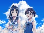  2girls alternate_hairstyle bangs black_eyes black_hair blue_bow blue_bowtie blue_dress blue_ribbon blue_sailor_collar blue_sky bottle bow bowtie brown_eyes brown_hair casual cloud cloudy_sky commentary day dress hair_ribbon hair_up hattori_shizuka highres holding holding_bottle kogarashi51 long_hair looking_at_another miyafuji_yoshika multiple_girls open_mouth outdoors ponytail ramune ribbon sailor_collar sailor_dress short_hair short_ponytail sky sleeveless sleeveless_dress smile standing strike_witches sweat white_dress white_sailor_collar world_witches_series 