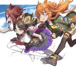  3girls absurdres animal_ears bomber_jacket breasts commentary_request dog_tags haruyuki_(gffewuoutgblubh) highres horse_ears horse_girl horse_tail jacket large_breasts long_hair looking_to_the_side marvelous_sunday_(umamusume) mayano_top_gun_(umamusume) multiple_girls running short_hair shorts sky small_breasts sweat tail thighhighs twintails umamusume 