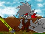  1996 accessory anthro brown_eyes cloud fur grey_body grey_fur headband holding_object holding_sword holding_weapon male mammal melee_weapon mountain nature nature_background sean_e._andersen sky solo sword weapon 