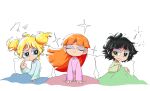  3girls bangs black_hair blonde_hair blossom_(ppg) blue_eyes blue_pajamas blunt_bangs bubbles_(ppg) buttercup_(ppg) buttercup_redraw_challenge closed_eyes derivative_work green_eyes green_pajamas halftone hand_up highres long_hair messy_hair multiple_girls neamosub orange_hair pajamas pillow pink_pajamas powerpuff_girls screencap_redraw short_hair twintails under_covers 