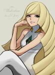  1girl bangs blonde_hair breasts commentary_request diamond_(shape) dress echizen_(n_fns17) emerald_(gemstone) eyelashes green_eyes grey_background hand_up highres leggings long_hair looking_at_viewer lusamine_(pokemon) pokemon pokemon_(game) pokemon_sm sleeveless sleeveless_dress smile solo very_long_hair white_dress white_legwear 