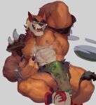  abs activision anthro areola balls bottomwear bracelet bulge claws clothing crash_bandicoot_(series) dasyuromorph finger_claws footwear fur genitals green_bottomwear green_clothing hand_behind_head jewelry loincloth male mammal marsupial muscular muscular_anthro muscular_male nipples null-ghost open_mouth orange_body orange_fur pecs red_clothing red_eyes red_footwear red_shoes sharp_teeth shoes shoulder_guards solo spiked_bracelet spikes tail_tuft teeth thylacine tiny_tiger tuft video_games 