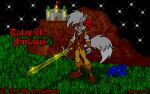  1996 accessory anthro boots castle clothing footwear fur grey_body grey_fur headband looking_at_viewer low_res male mammal melee_weapon outside sean_e._andersen sky solo star starry_sky sword weapon 