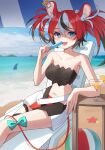  animal_ears beach bikini blue_eyes blue_sky breasts cleavage cloud cup day drink drinking_glass food hakos_baelz highres holding hololive hololive_english looking_at_viewer medium_breasts mouse_ears multicolored_hair navel ocean open_mouth outdoors popsicle red_hair sand sitting sky smile swimsuit virtual_youtuber woogi 