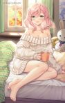  1girl :d aran_sweater bangs barefoot blue_eyes breasts cleavage commission cup curtains day eyebrows_visible_through_hair hagino_kouta hair_between_eyes highres holding holding_cup indoors long_hair long_sleeves looking_at_viewer medium_breasts mug off-shoulder_sweater off_shoulder on_bed original pillow pink_hair puffy_long_sleeves puffy_sleeves skeb_commission sleeves_past_wrists smile solo stuffed_animal stuffed_bunny stuffed_toy sweater twitter_username white_sweater window 