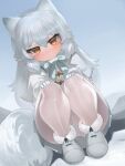  1girl animal_ears arctic_fox_(kemono_friends) bangs blue_bow blue_sky boots bow brown_eyes capelet closed_mouth commentary day dokomon dutch_angle english_commentary eyebrows_visible_through_hair fox_ears fox_girl fox_tail fur-trimmed_boots fur-trimmed_sleeves fur_trim gloves grey_footwear grey_hair grey_skirt hair_between_eyes highres jacket kemono_friends long_sleeves looking_at_viewer outdoors panties panties_under_pantyhose pantyhose pleated_skirt skirt sky smile solo squatting tail underwear white_capelet white_gloves white_jacket white_legwear white_panties 
