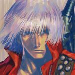  1boy blue_eyes closed_mouth dante_(devil_may_cry) devil_may_cry_(series) devil_may_cry_3 face frown lowres male_focus rebellion_(sword) sakamoto_mineji solo sword upper_body weapon weapon_on_back white_hair zipper 