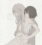  2girls aki_(_n_ff) biting black_hair closed_mouth collarbone commentary_request crying crying_with_eyes_open dress eyebrows_visible_through_hair grey_background grey_hair grey_shirt highres hug hug_from_behind long_hair multiple_girls neck_biting original shirt short_hair speech_bubble strap_slip tears translated upper_body white_dress yuri 