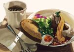  absurdres coffee coffee_cup commentary_request cup disposable_cup egg_(food) food food_focus food_request fork highres michinoku_(hiking_miusan18) napkin no_humans original plate salad spoon still_life toast 